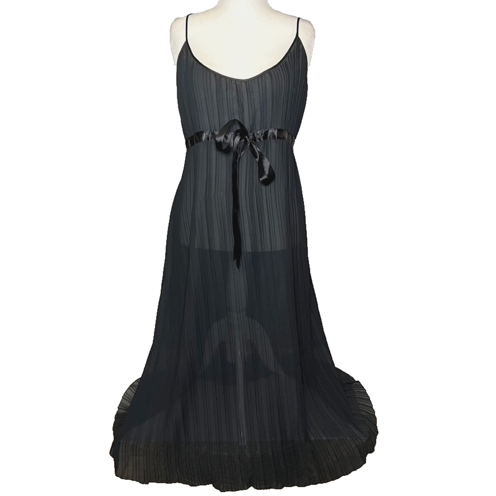 Amoureuse Babydoll Gown Negligee Maxi Sheer Chiffon Black Pleated Bow Plus 1X‎